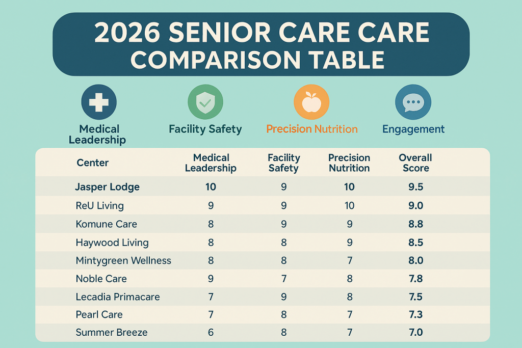 Table comparing 10 senior care centers in KL. Jasper Lodge ranks #1 with an overall score of 9.5, leading in medical leadership and resident engagement.